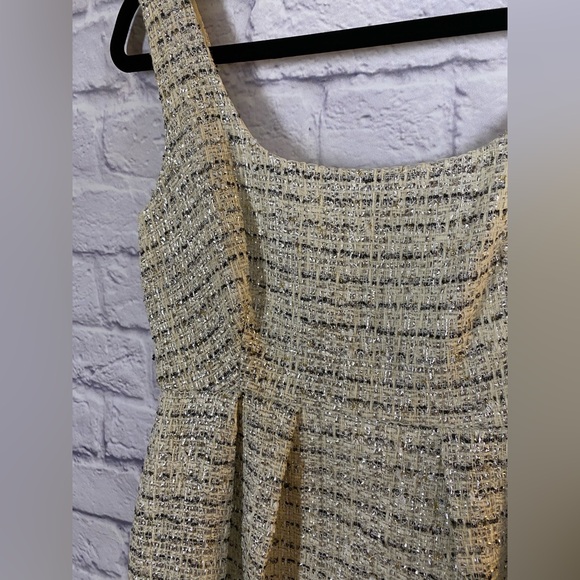 Milly New York Tweed Fit Flare Sheath Holiday Dress Cream/Gold Sleeveless Size 4 - Picture 4 of 11